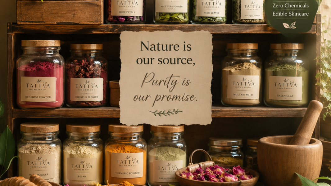 A styled product display of Tattva Homemade natural skincare ingredients in glass jars, arranged on rustic wooden shelves with herbs, flowers, and a mortar and pestle. A central paper label reads, 'Nature is our source, Purity is our promise.